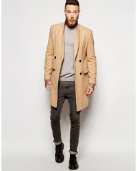 Asos Brand Double Breasted Overcoat In Camel