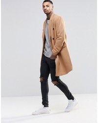 Asos Brand Wool Mix Double Breasted Overcoat In Camel