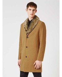 Topman Camel Wool Rich Faux Fur Collar Overcoat