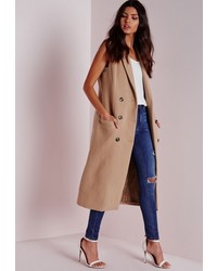 Missguided Double Breasted Sleeveless Wool Maxi Coat Camel