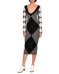 Stella McCartney Long Sleeve Argyle Knit Sweaterdress Gray Pattern