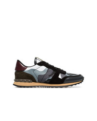 Valentino Black Grey And Green Rockrunner Leather Sneakers