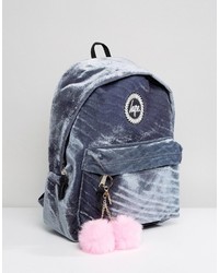 Hype Gray Velvet Backpack With Pink Pom