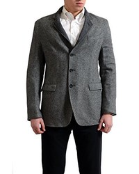 Men's Charcoal Blazer, Grey Chambray Long Sleeve Shirt, Black Dress Pants,  Grey Paisley Pocket Square