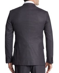 Men's Grey Overcoat, Charcoal Blazer, Grey Vertical Striped Dress Shirt