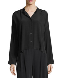 Eileen Fisher Long Sleeve Mandarin Collar Crinkle Crepe Box Top