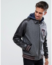 ASOS DESIGN Leather Varsity Jacket With Applique In Black