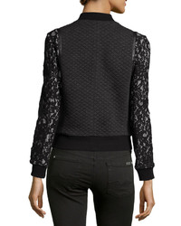 Rebecca Taylor Textured Bomber Jacket Wlace And Faux Fur Trim Charcoal
