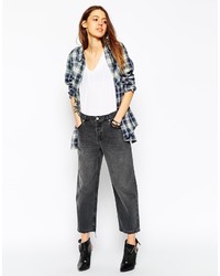 Asos Collection Maddox Parallel Jeans In Charcoal With Abrasion And Chewed Hem