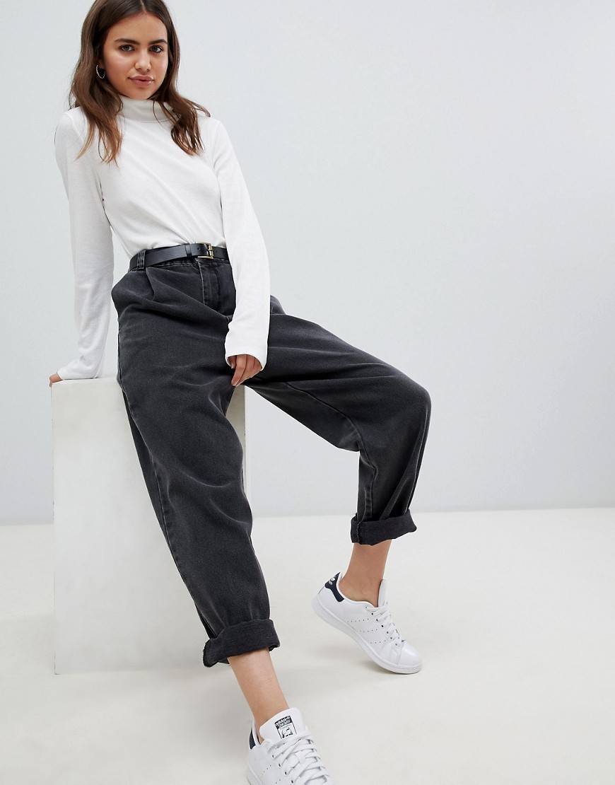 ASOS DESIGN Tapered With Curved Seams And Belt In Washed Black, $14 | Asos | Lookastic