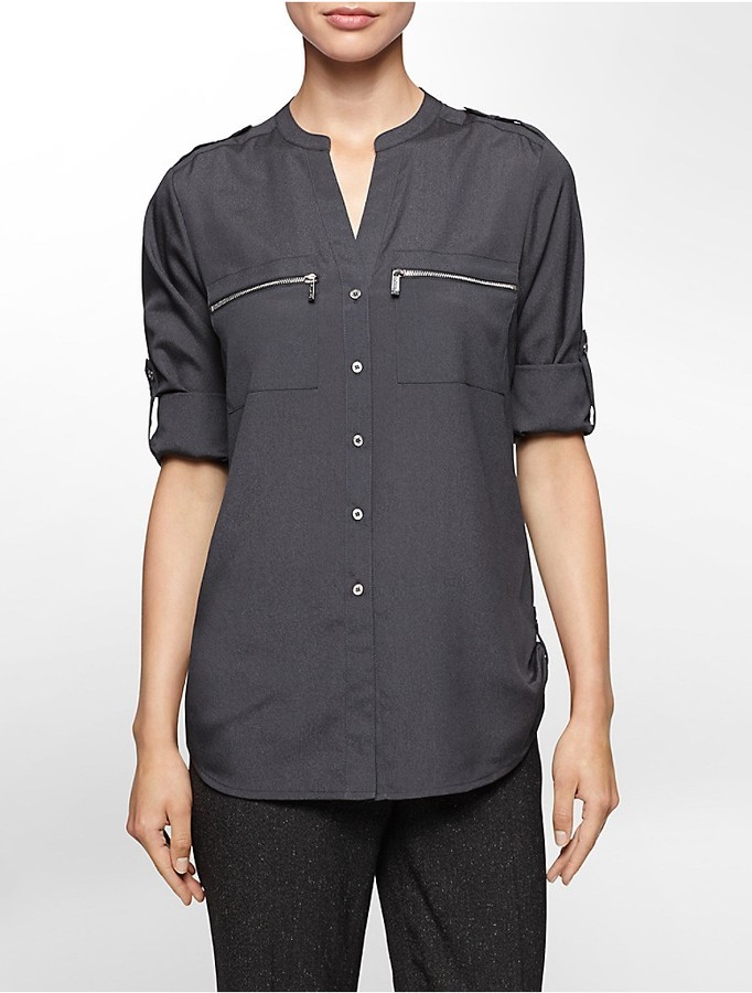 Calvin Klein Mandarin Collar Exposed Zip Detail Roll Up Sleeve Blouse, $69  | Calvin Klein | Lookastic