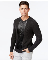 INC International Concepts Crew Neck Faux Leather Cable Knit Sweater Only At Macys