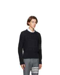 Thom Browne Grey Wool Aran Cable 4 Bar Crewneck Sweater