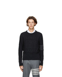 Thom Browne Grey Wool Aran Cable 4 Bar Crewneck Sweater