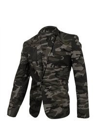 Unique-Bargains Long Sleeve Camouflage Pattern Buttoned Cuff Chic Blazer Dark Olive Greenm