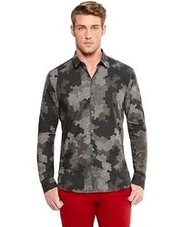 Hugo Boss Ero Slim Fit Digital Camouflage Cotton Button Down Shirt Medium Grey
