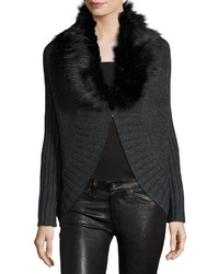Three Dots Sophie Cape Cardigan W Removable Faux Fur Charcoal