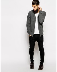 Asos Brand Lambswool Rich Cable Cardigan With Zip