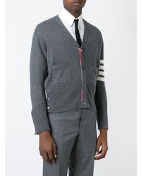 Thom Browne Short V Neck Cardigan With 4 Bar Stripe In Medium Grey Cashmere