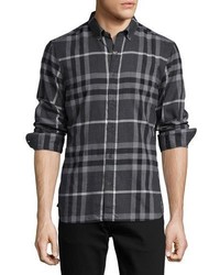 Burberry Check Cotton Flannel Shirt Dark Gray Melange