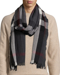 Burberry Woolcashmere Tricolor Check Lightweight Scarf Charcoal