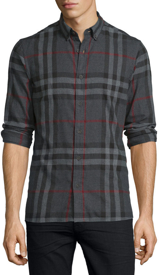 Burberry Ecclestone Check Flannel Shirt Charcoal, $350 | Neiman Marcus |  Lookastic