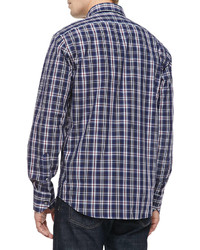Neiman Marcus Long Sleeve Plaid Shirt Bluegray Cranberry
