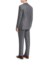 Brioni Windowpane Wool Silk Two Piece Suit Gray