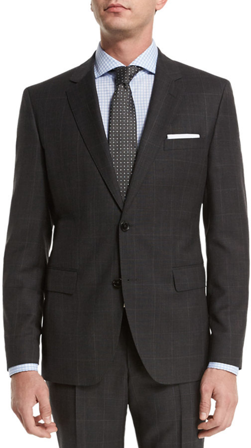 Boss Boss Windowpane Two Piece Travel Suit Charcoal, $1,095 | Neiman Marcus | Lookastic