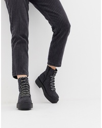 Charcoal Chunky Leather Lace-up Flat Boots