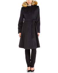 Eliza J Charcoal Faux Fur Trim Hooded Coat