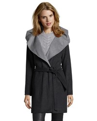 DKNY Charcoal Wool Blend Hooded Shawl Collar Belted Wrap Coat