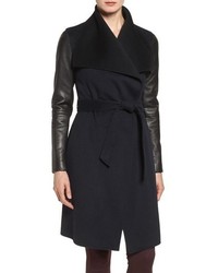 Mackage Leather Sleeve Wool Blend Wrap Coat