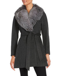 Sofia Cashmere Wool Cashmere Fur Trimmed Short Wrap Coat