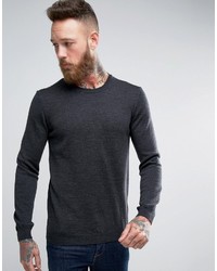 Asos Merino Wool Crew Neck Sweater In Charcoal