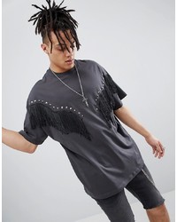 ASOS DESIGN Festival Oversized T Shirt With Fringing And Studding In Washed Black