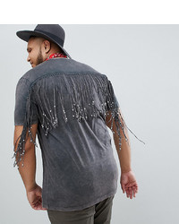ASOS DESIGN Plus Festival Longline T Shirt With Back And Sleeve Beaded Fringing In Acid Wash