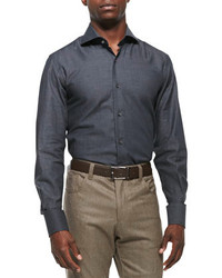 Neiman Marcus Solid Woven Dress Shirt Charcoal