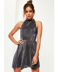 Missguided Grey Pleated High Neck Skater Dress