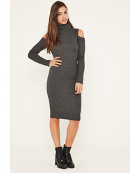 Missguided Grey Cold Shoulder Polo Neck Dress