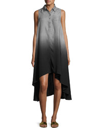 Neiman Marcus Sleeveless High Low Chambray Dress Gray