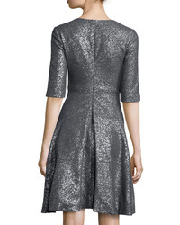 Lela Rose Tiered Metallic Elbow Sleeve Dress Gray