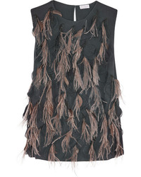 Brunello Cucinelli Feather Embellished Silk Blend Top Charcoal