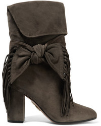 Aquazzura Bow Embellished Fringed Suede Boots Dark Gray