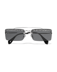 Miu Miu Crystal Embellished Square Frame Silver Tone And Acetate Sunglasses