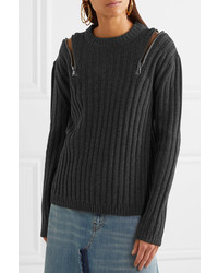 Moschino Zip Embellished Ribbed Knit Sweater Charcoal