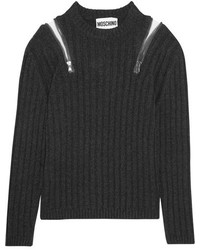 Moschino Zip Embellished Ribbed Knit Sweater Charcoal