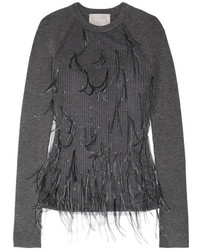 Jason Wu Feather Embellished Tulle And Ribbed Wool Blend Sweater Dark Gray