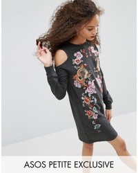 Asos Petite Petite Sweat Dress With Cold Shoulder And Embroidery