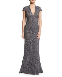Pamella Roland Cap Sleeve Re Embroidered Lace Gown Granite